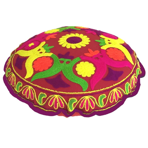 Stylo Culture Indian Yoga Pillows For Sitting On Floor Traditional Sujani Embroidered Pouf Cover Colorful Small 18 x 18 Decorative Round Decor Seating Tuffet Pouf Cover Footstool Cotton Floral 1 Pc