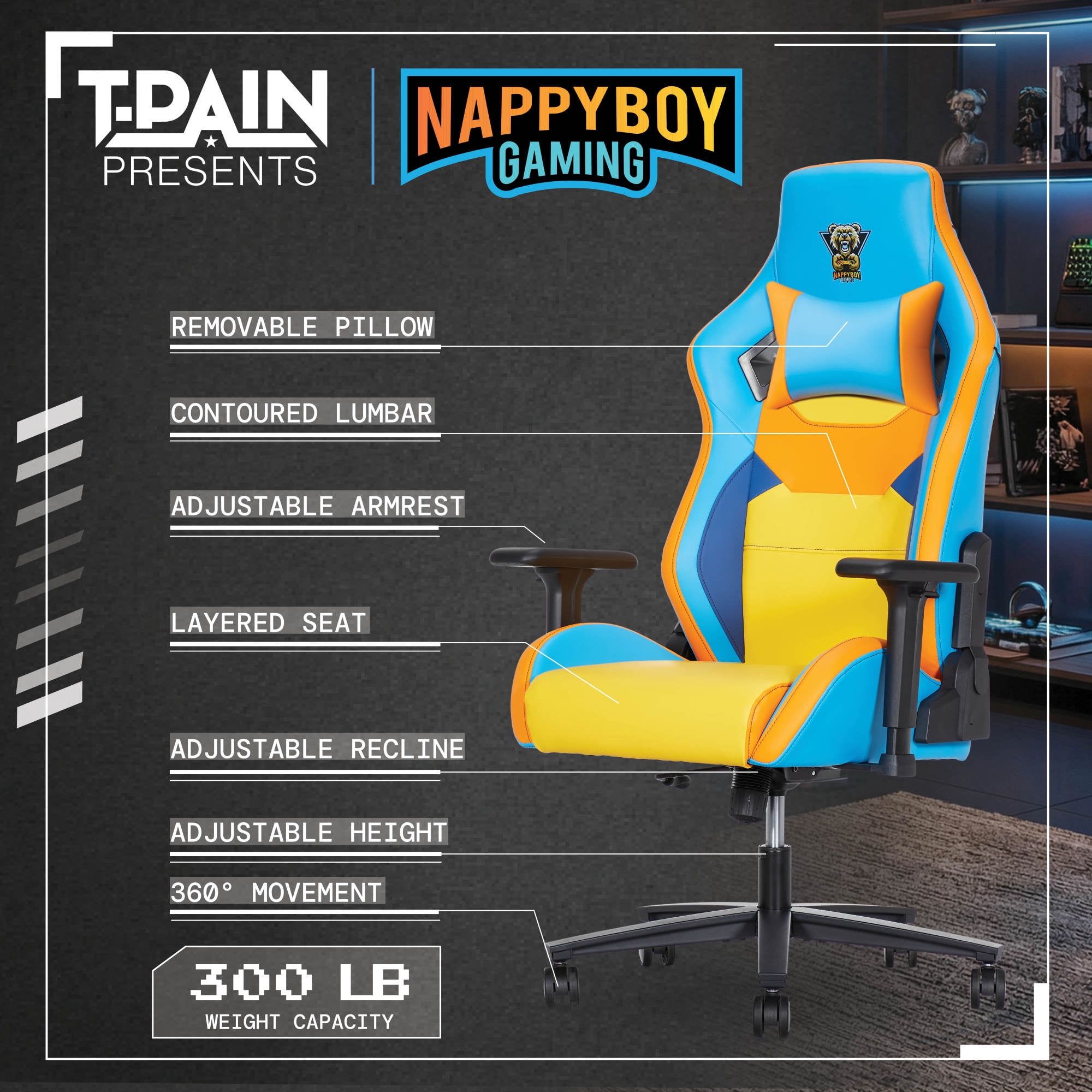 T-PAIN Presents Nappy Boy Gaming High-Performance Gaming Chair for Teens and Adults, Nova-Tech Faux Leather, Adjustable 3D Arms, Recline Control, Removable Headrest Pillow,300lb Capacity, Multi-Color
