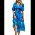 thumbnail image 2 of Vestidos de Verano para Mujer 2025, Informales, con Mangas Abullonadas, Cuello en V, Florales, Estilo Bohemio, Vestido . Azul L, 2 of 10