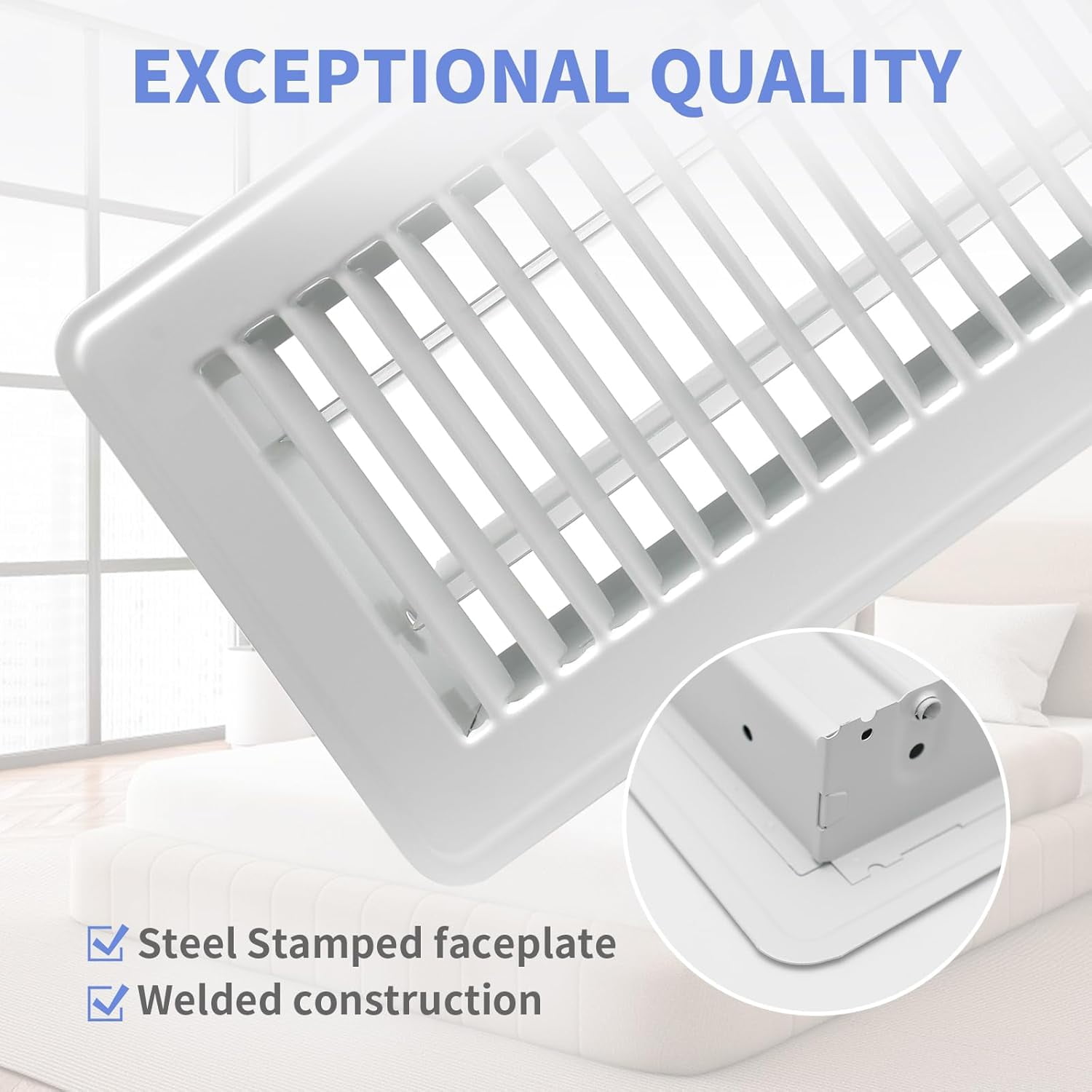 6Pack 4" x 10" Floor Register - Heavy Duty Steel Walkable Floor Vents - Easy Adjust Air Supply Lever - Vent Covers for Home (White)