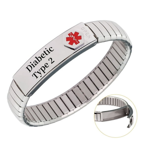 Wollet Expandable Medical Alert Bracelets for Women, （7''）18CM, Easy on Easy Off, Engraved Diabetic Type 2, Medical ID Bangles, Jewelry Gifts for Mom Wife, Width:0.5''