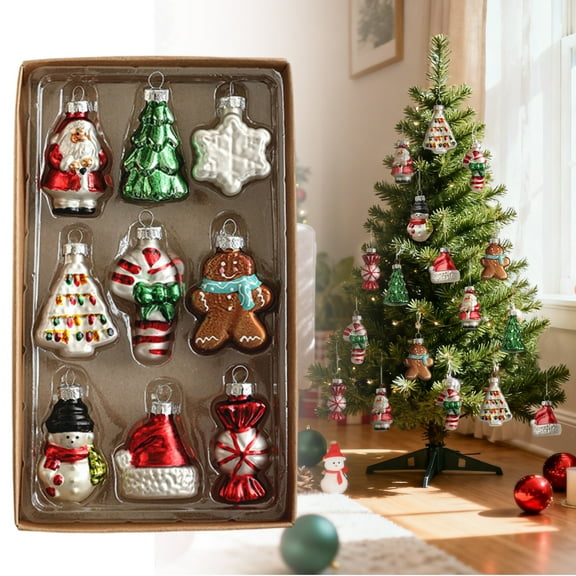 9PCS Retro Christmas Ornament Set, Classic Santa Snowman Gingerbread Man Hanging Decorations, Vintage Style Glass Ornaments for Christmas Tree, Holiday Home Living Room Decor