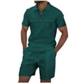 thumbnail image 2 of YHAJDS Men's Shirt and Shorts Set Solid Relaxed Pocket Drawstring Shorts Zip Polo Short Sleeve, 2 of 5