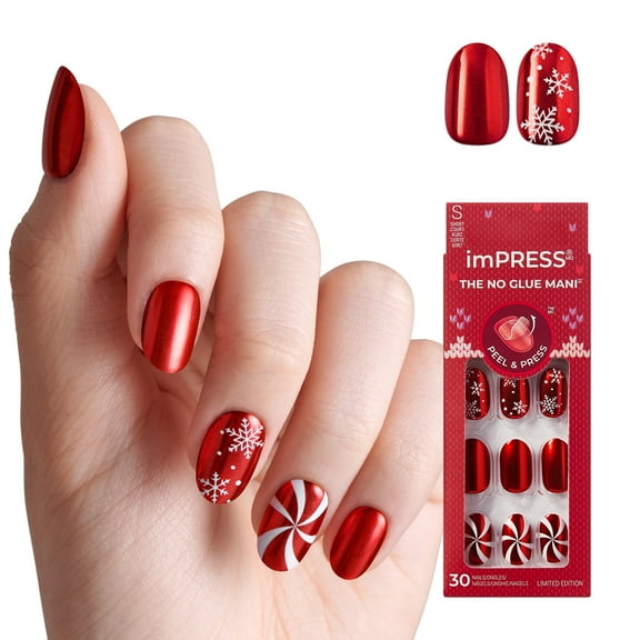 KISS imPRESS Holiday Press On Nails, ‘Merry n Bright’, Red, Short Oval, 30 Count
