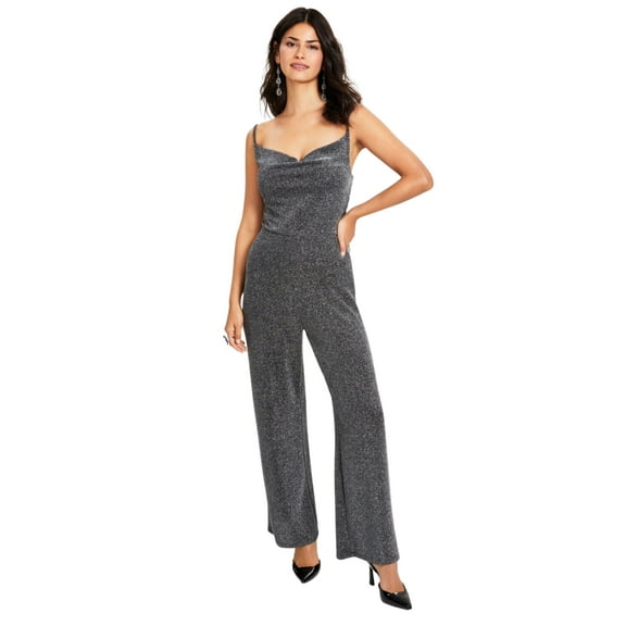Bar III Women's Cowl Neck Metallic-Knit Jumpsuit – Silver, Size - XXS