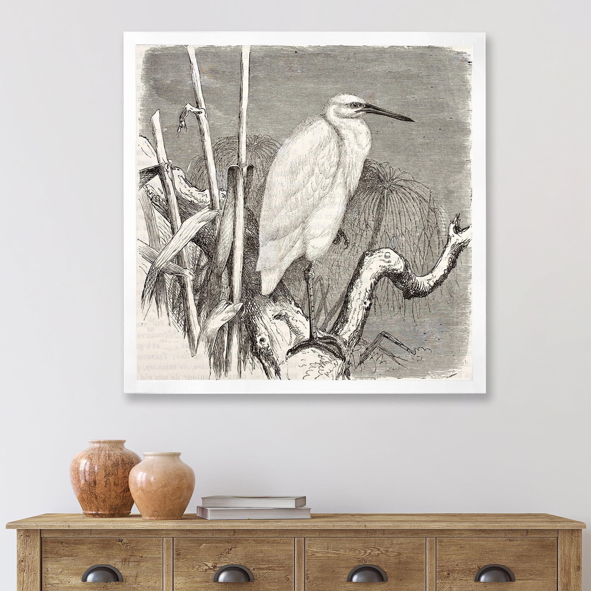 Designart 'Little Egret Bird in Monochrome' Farmhouse Framed Art Print