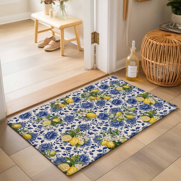 Entryway Rug 2'x3', Lemons Flowers Kitchen Runner Rugs Non-Slip Carpet Mats, Summer Yellow Fruits Blue Floral Beige Bedside Rugs Runners Washable Floor Carpet for Bathroom Laundry Room