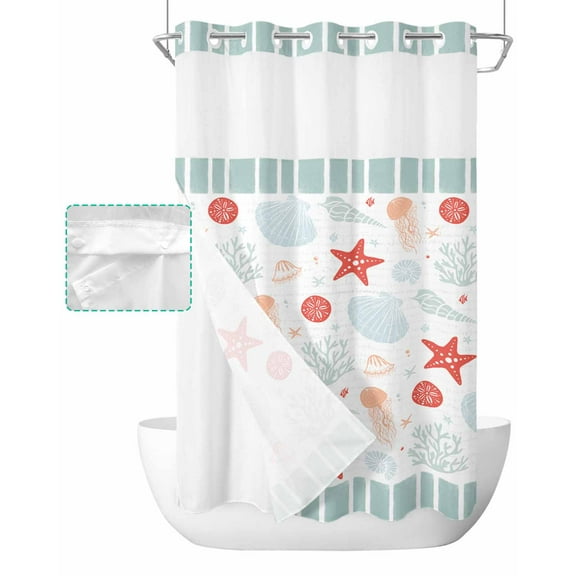 No Hook Shower Curtain with Snap in Liner, Sage Green and Red Starfish Seashell Jellyfish Coral Hotel Shower Curtains for Bathroom, Washable Shower Curtain Liner Set with Mesh Top Window, 54"x78"