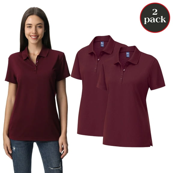 Zfeel Women's High Performance Pure Dry Polo T-Shirt, Maroon Short Sleeve Polo Shirt, 2-Pack Tee, S