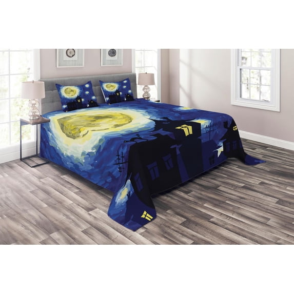 Ambesonne Moon Quilted Coverlet 3 Pcs, Country Houses Full Moon, Queen Size, Dark Blue Black Yellow