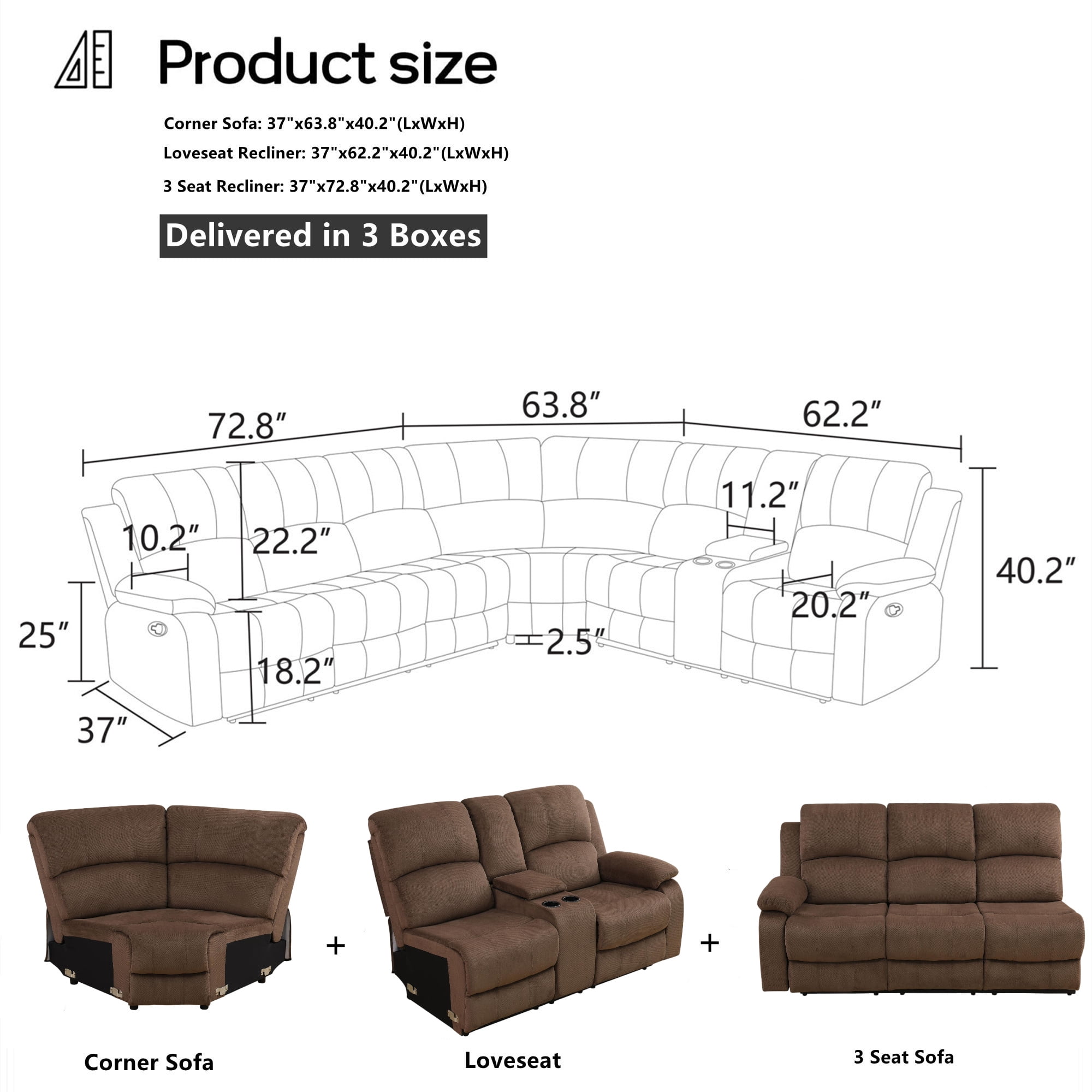 Aukfa 3-Piece Recliner Sofa Set, 6 Seat Sectional Couch with Cup Holders&Storage Console for Living Room, Brown