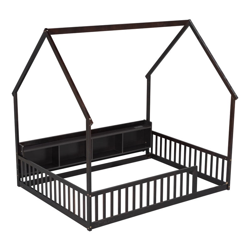Full Size House-Shaped Canopy Bed with Roof, Wood Kid's Floor Bed Frame with Storage Shelves, LED Lights & Charging Station