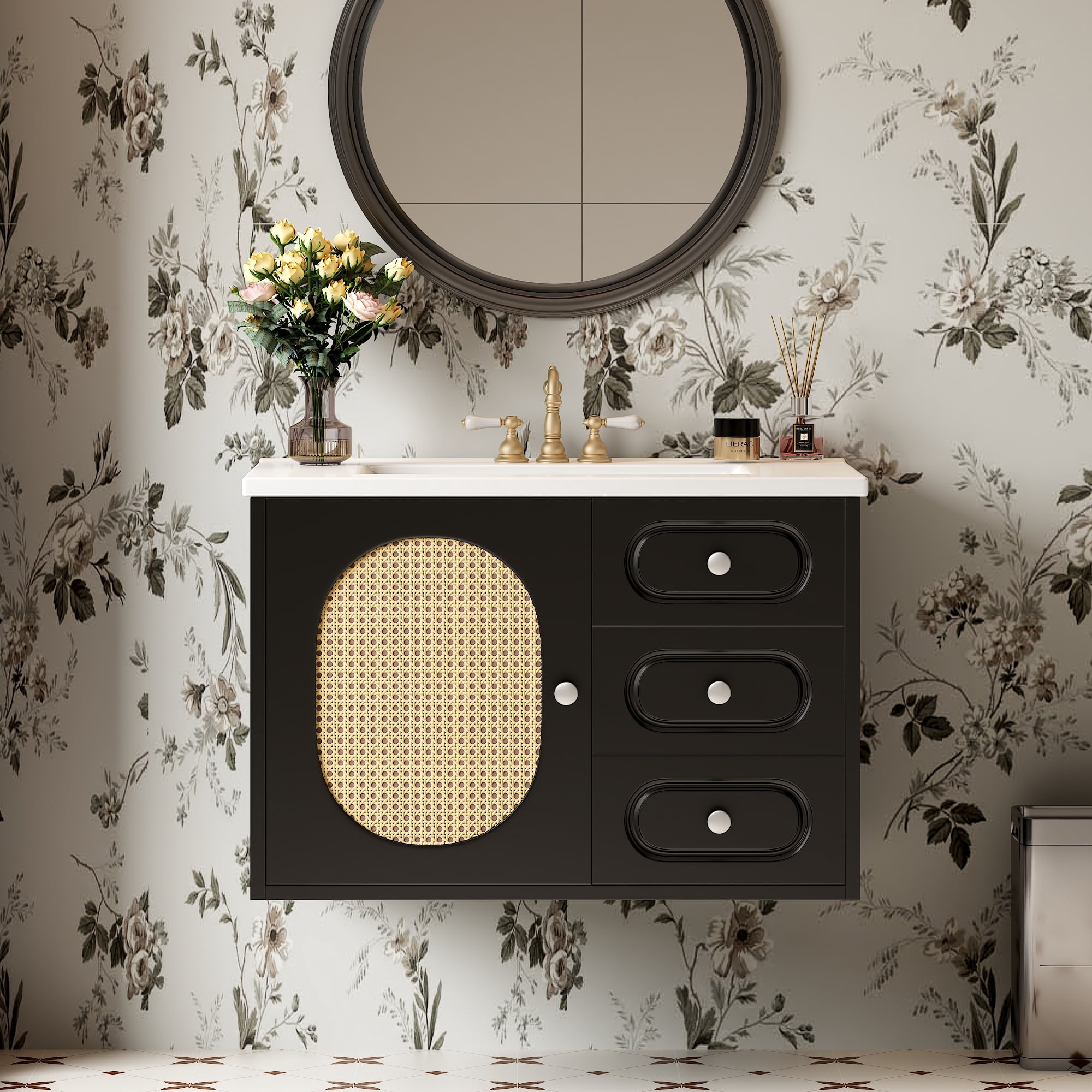 Euroco Mid-Century Modern Bathroom Vanity with Rattan Design, Soft-Close Drawers, Glossy Ceramic Basin, Premium MDF Storage Cabinet for Bathroom, 4-inch Faucet Compatibility