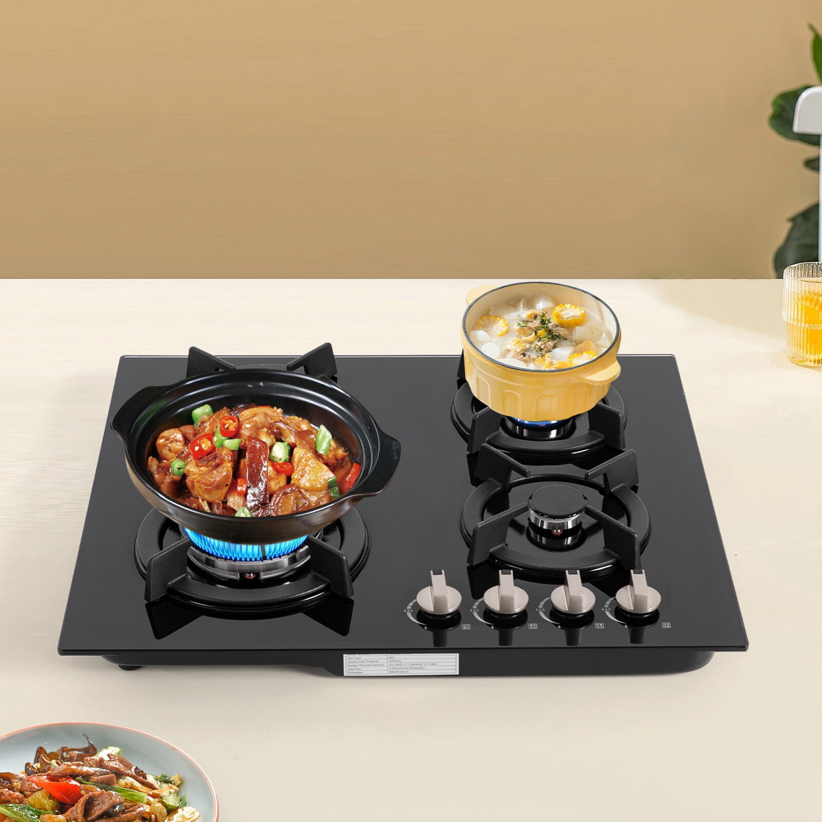 23Inch 4 Burner Built-In Lpg Gas Stovetop,Drop-In Gas Hob with Independent Control Knobs&Backfire Protection,Black Tempered GlassGas Cooktop