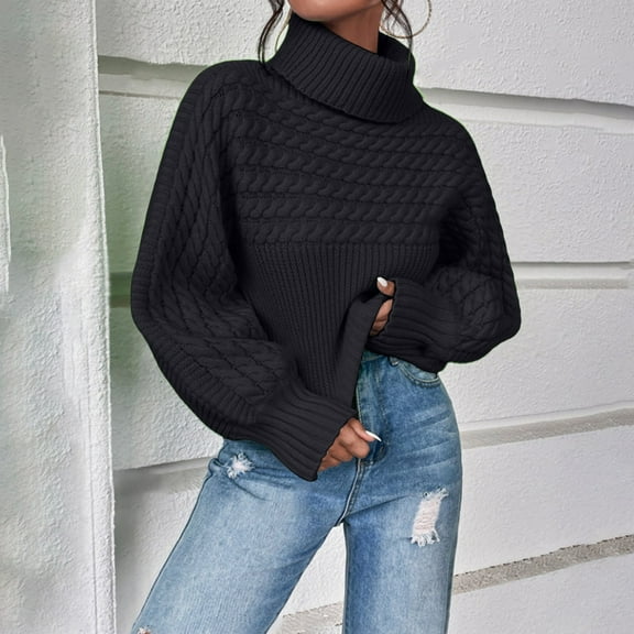 Women's Cable Knit High Neck Sweater, Ribbed Long Sleeve Pullover Top, Solid Color Twisted Thread Design for Fall Winter Office and Casual Wear Black L