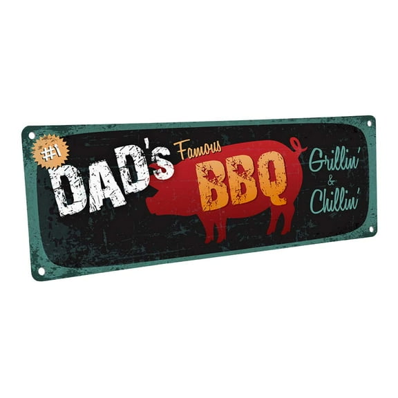 Dad's Famous BBQ 4"x12" Metal Sign, Wall Décor for Porch, Patio, and Deck