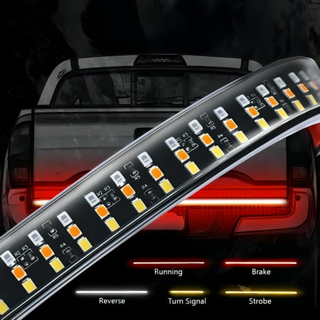 MICTUNING 60" Triple Row LED Tailgate Light Bar White Reverse Lights Red Brake Turning Signals Strobe Lights