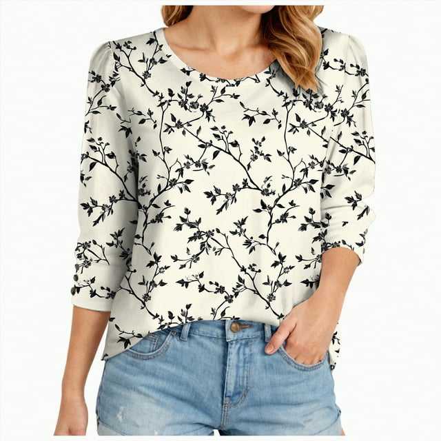 3/4 Length Sleeve Womens Tops Casual Crew Neck Shirts Soft Basic Tees Business Work Blouses