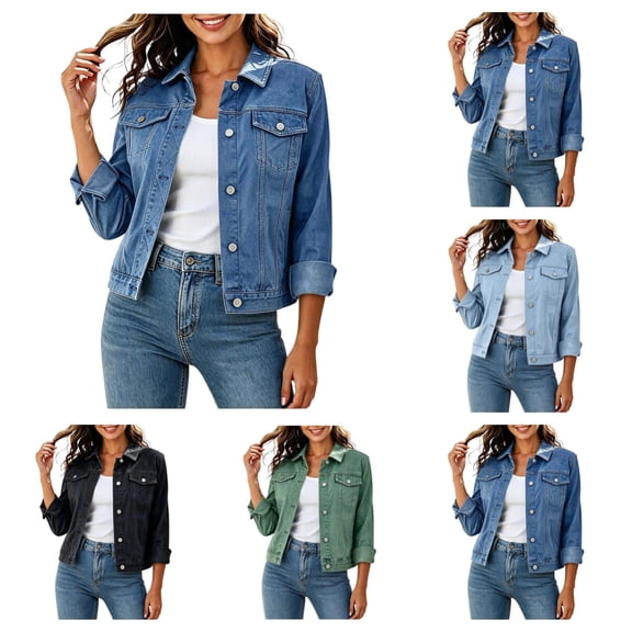 SAWOBUUN Womens Button Down Denim Jacket Lapel Collar Long Sleeve Casual Cropped Jean Coat with Pockets
