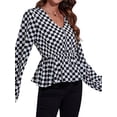 thumbnail image 4 of Xuanfei Women Plaid V Neck Lantern Sleeve Elastic Waist Top, 4 of 7