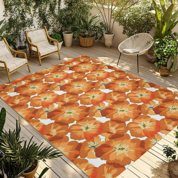 Fsddascl Orange Flowers Outdoor Rug for Patio/Deck/Porch, Non-Slip Large Area Rug 4 x 6 Ft, Spring Floral Country Pastoral Retro Indoor Outdoor Rugs Washable Area Rugs, Reversible Camping Rug Carpet