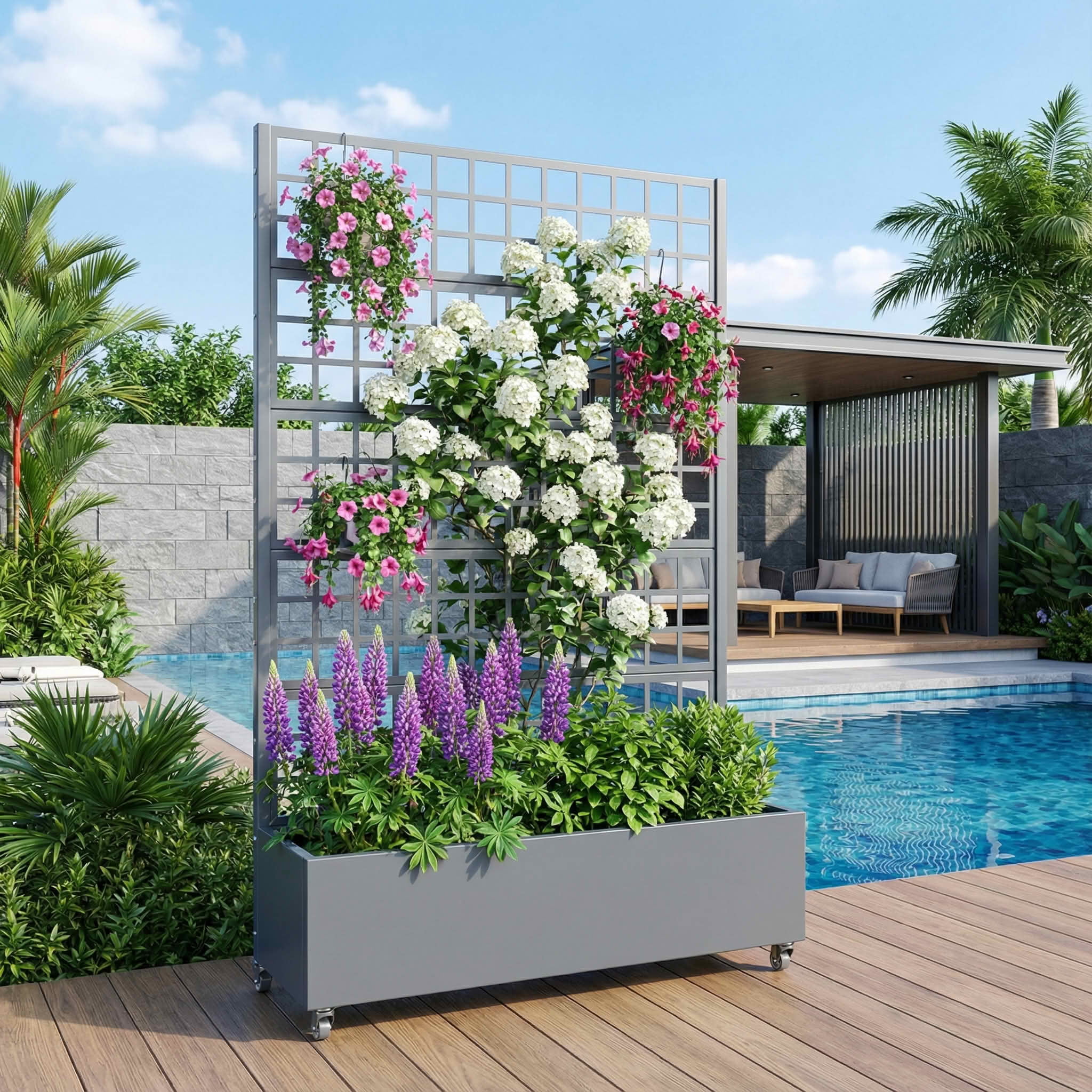MAYEERTY 72X47" Metal Outdoor Cambrian Gray Privacy Screen with Planter Box for Backyard & Garden, 5 Piece Set