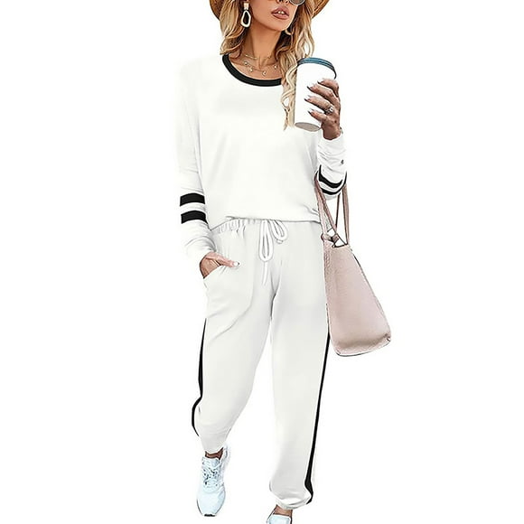 Bellella Women Jogger Set Long Sleeve Two Piece Outfit Workout Wear Sweatsuits Loungewear Pullover Tracksuit Sports Pajamas White XXL