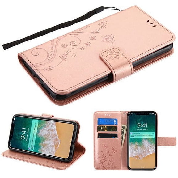Apple iPhone Xs Max (6.5 Inch) - Phone Case Pattern Flip Wallet Case Cover Stand Pouch Book Magnetic Buckle with Hand Strap 3D Butterfly Flower - Rose Gold Phone Case for Apple iPhone Xs Max