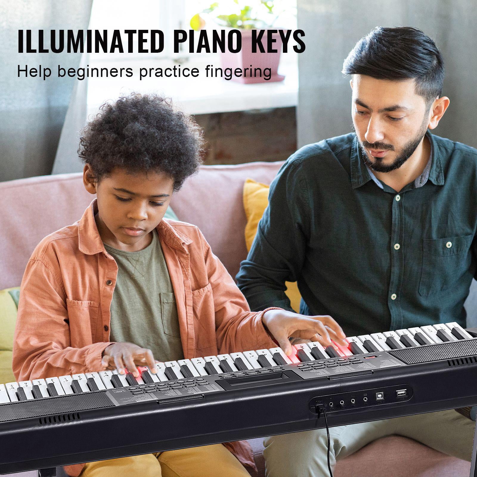 61 Key Digital Piano with Lighted Keys 600 Tones 500 Rhythms Built In Speakers Adjustable Stand Sustain Pedal USB MIDI Portable Electric Keyboard for Beginners