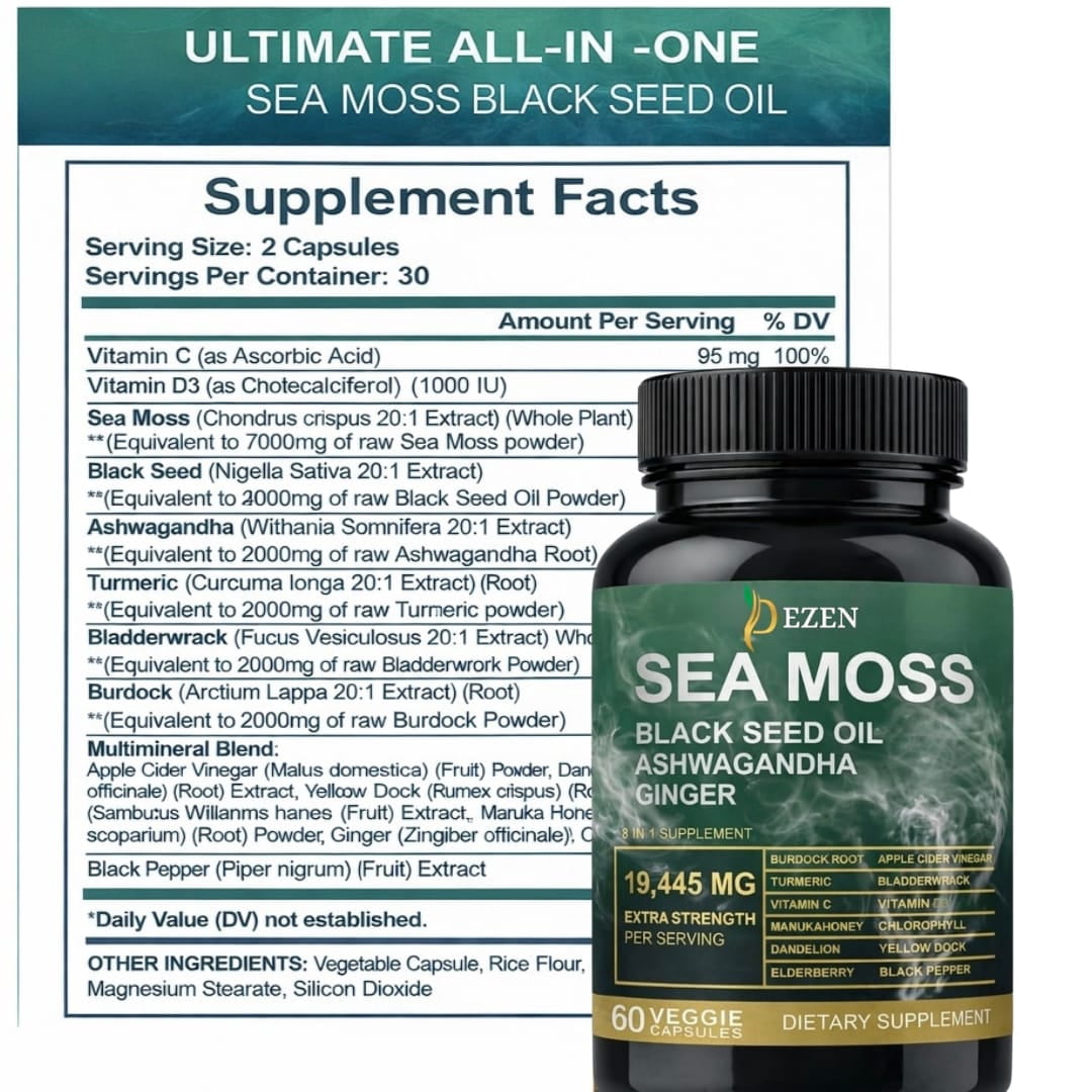 Sea Moss Capsules with Ashwagandha, Black Seed Oil, Burdock Root & Turmeric, Multi Ingredient Herbal Supplement, Pack 5