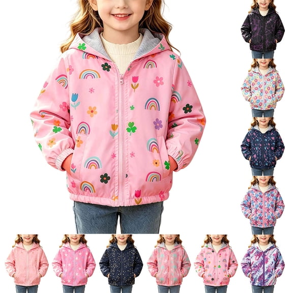 HAOTAGS Girls Hooded Windbreaker Jacket(12M-9Y) Casual Graphic Print Lightweight Water-Resistant Zip-Up Outerwear with Functional Pockets Pink Size 4T