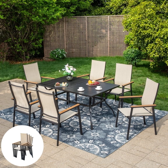 SUMMIT LIVING 7-Piece Outdoor Patio Dining Set, 60" Rectangle Patio Table with Umbrella Hole and Stackable Aluminum Textilene Armchairs, Beige