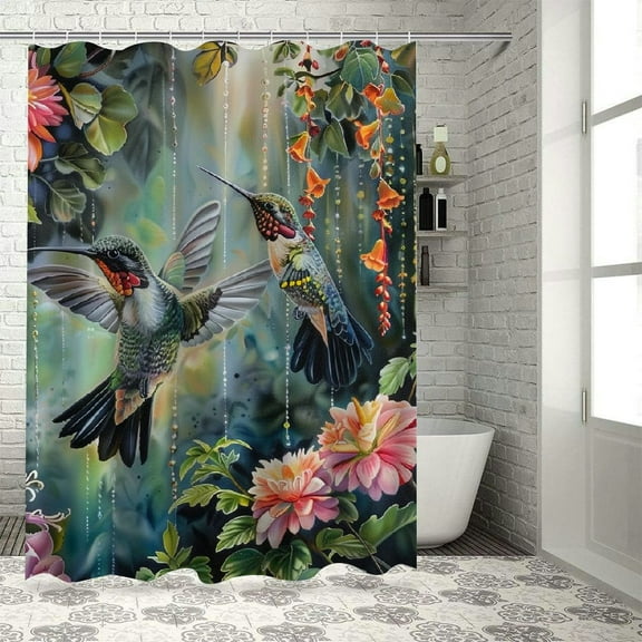 Orinice Spring Hummingbirds Flowers Shower Curtain - Floral Birds with Tropical Blossom Leaf Bath Shower Curtain Spring Summer Nature Plant Bathroom Curtain Set with Hooks  36x72