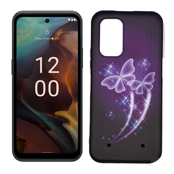For Nokia XR21 TPU Flexible Skin Cover Cellphone Case   Tempered Glass - Purple Butterfly Design