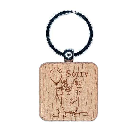 Sorry Mouse with Balloon Square Keychain Charm Tag - Engraved Wood