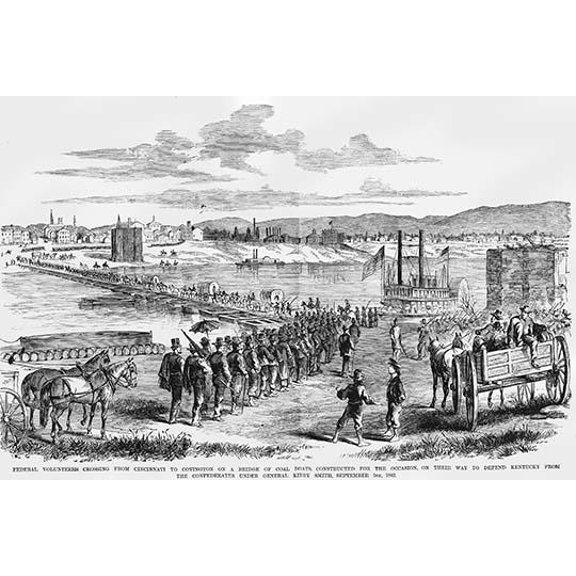 Coal Boat Bridge from Cincinnati to Covington to Defend Kentucky-Fine Art Canvas Print (20" x 30")