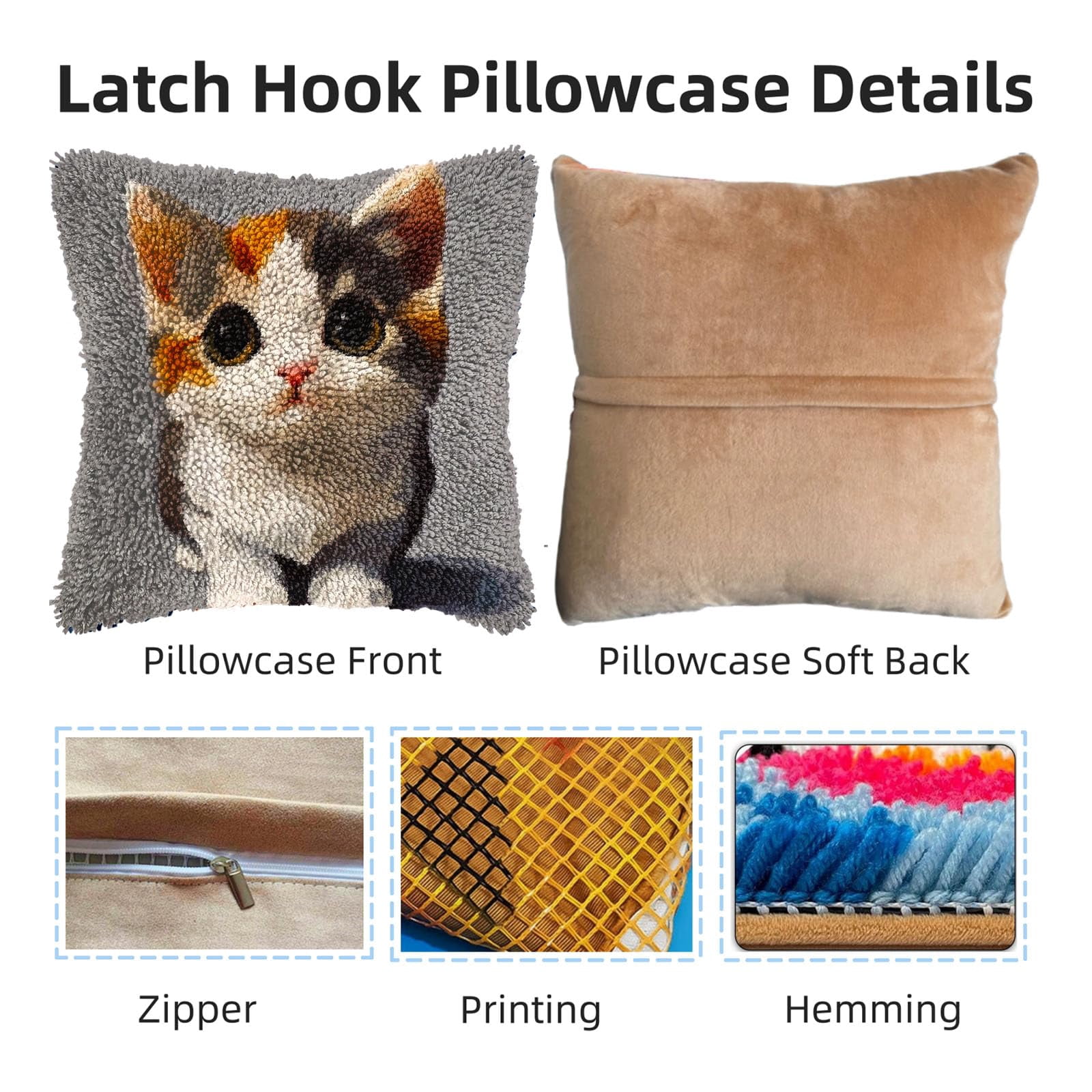 Cute Cartoon Cat DIY Latch Hook Pillow Kits for Adults Printed Pillowcase Crochet Yarns Hooking Handmade Pillow Cover Cushion for Home Sofa Decoration 17x17inch