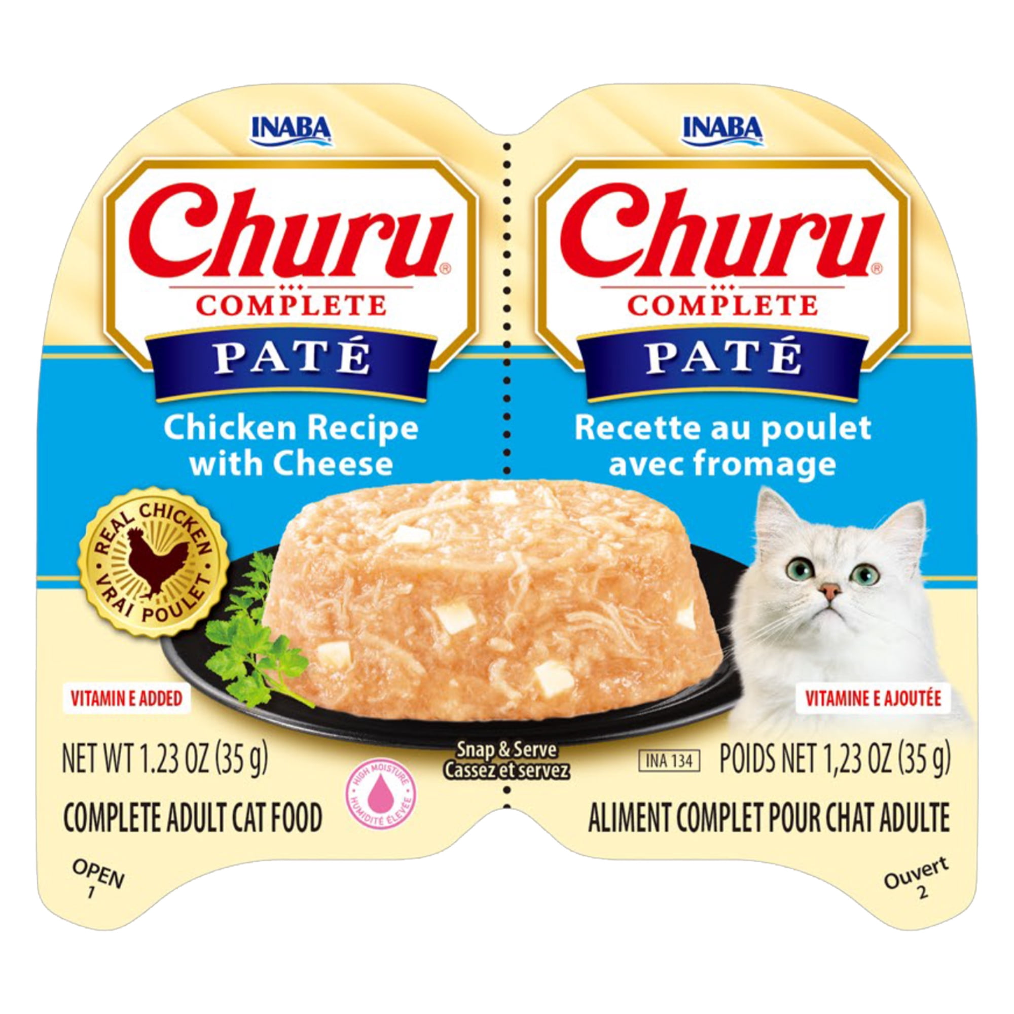 INABA Churu Complete Pate Wet Cat Food with Fish Oil, 1.23oz. per Serving, 2 Servings, Chicken Recipe with Cheese