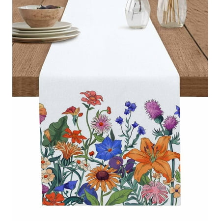 

Spring Floral Table Runner Watercolor Purple Yellow Flower Tablerunners 13 x 72 Inch Table Decorations Tabletop Scarf for Summer Gathering Holiday Farmhouse Kitchen Dining Decor