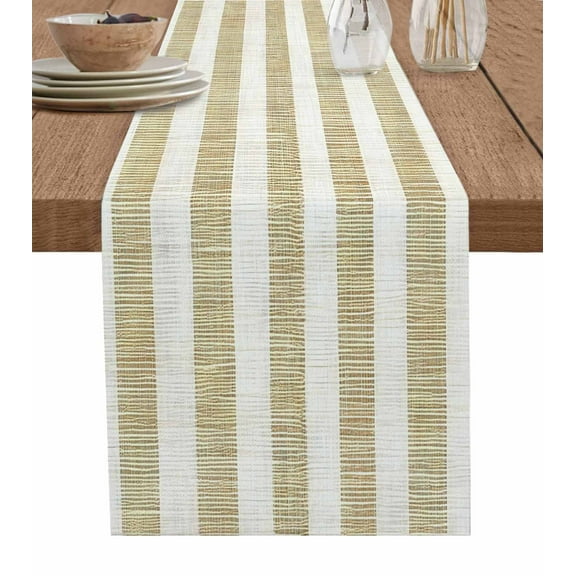Brown Striped Burlap Cotton Table Runner 14x72 Inches Long, Vintage Linen Pattern Monochrome Farm Farmhouse Table Runners, Outdoor Dining Tablecloths Decor for Baby Shower/Party/Wedding