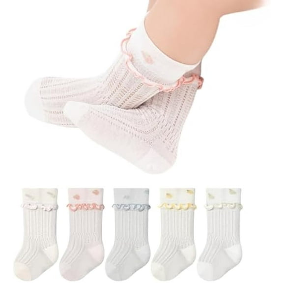 5 Pairs Baby Toddler Girls Princess Frilly Socks, Summer Ruffle Soft Cotton Thin Mesh Socks for Dress, 0~5T