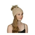 thumbnail image 1 of Gravity Threads Cable Knit Faux Fur Pom Pom Beanie Hat, New Beige, 1 of 2