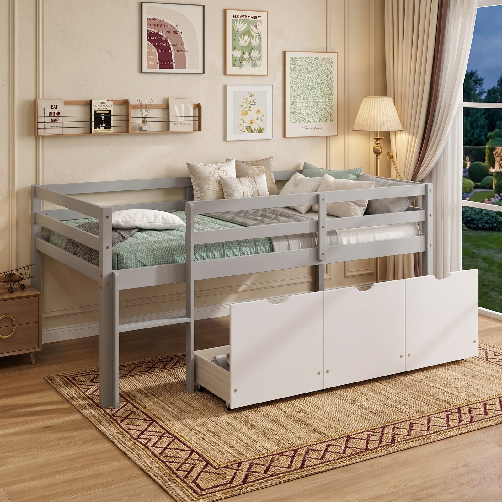 Furnibear Twin Size Low Loft Bed with 3 Drawers and Full-length Guardrails for Kids Bedroom, Wood Loft Bed with Storage and Ladder, Gray