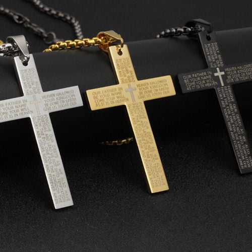 Unisex Stainless Steel Bible Scriptures Cross Pendant w/ Smooth Box Necklace 11L 