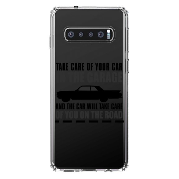 DistinctInk Clear Shockproof Hybrid Case for Samsung Galaxy S10 (6.1" Screen) - TPU Bumper Acrylic Back Tempered Glass Screen Protector - Take Care of the Car, Car Take Care of the Road