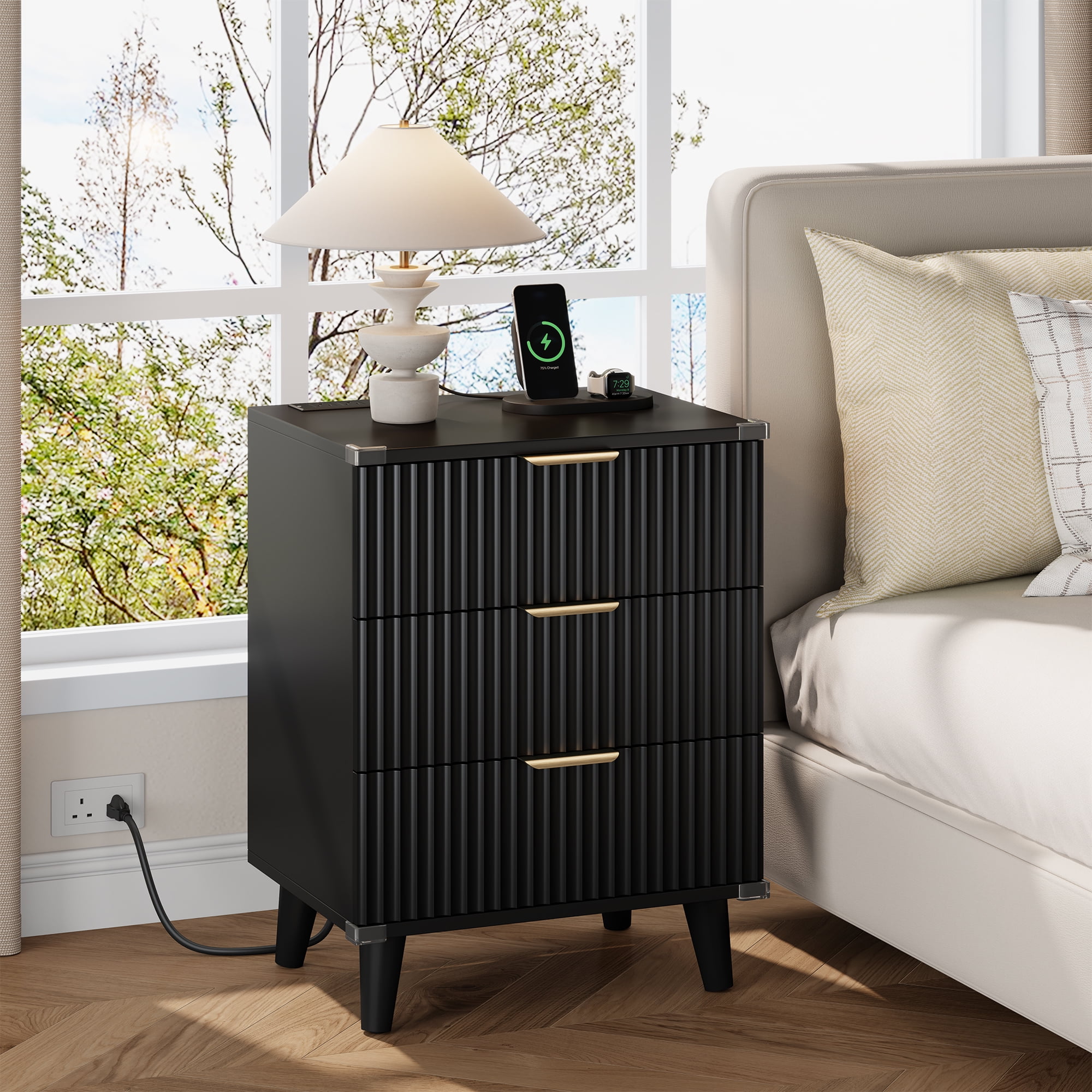 GIKPAL Night Stands for Bedroom, Modern Bedside Table with 3 Drawers & Charging Station,Fluted Panel End Tables for Bedroom  & Living Room, Black