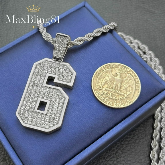 Men's Number 6 CZ Pendant & 4mm 24" Bling Rope Chain Hip Hop Fashion Necklace