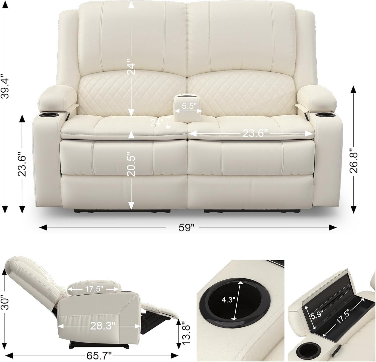Loberfve Power Reclining Loveseat with Storage USB, Wall Hugger Recliner for Home Theater & RV, Removable Armrest, 2-Tier Cushion, White