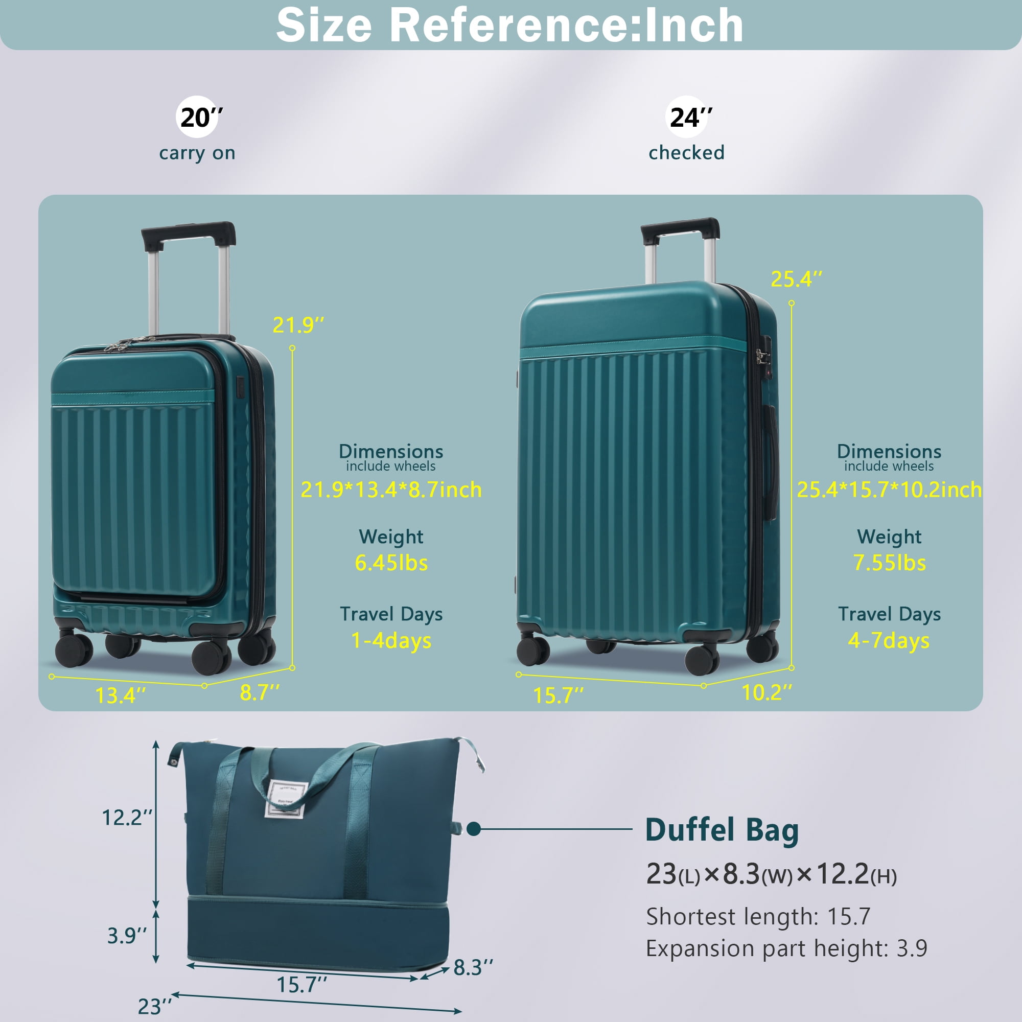 MAYEERTY 3-Piece Luggage Set: Front Opening 20" with USB Port+ Expandable 24" Hardside Suitcase + Tote Bag, Dark Green