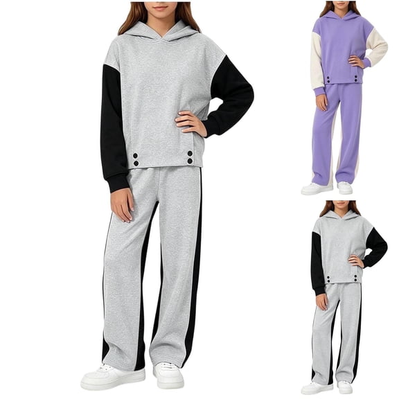 NAISIBABY Girls Outfit Set Size 10, Color-Block Sweatsuit with Pockets Casual 2-Piece Hoodie & Jogger Set Gray